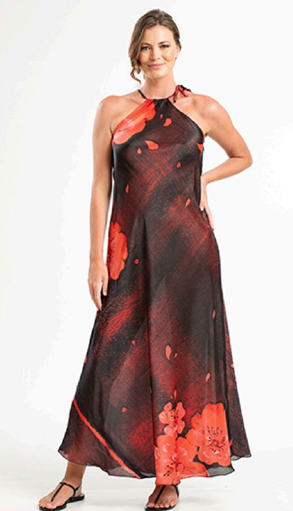 BLACK AND RED SILK IVY DRESS FLOWERS