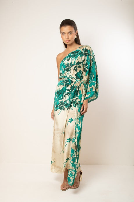 KAFTAN RHODES LONG OFF WHITE AND GREEN FLOWERS