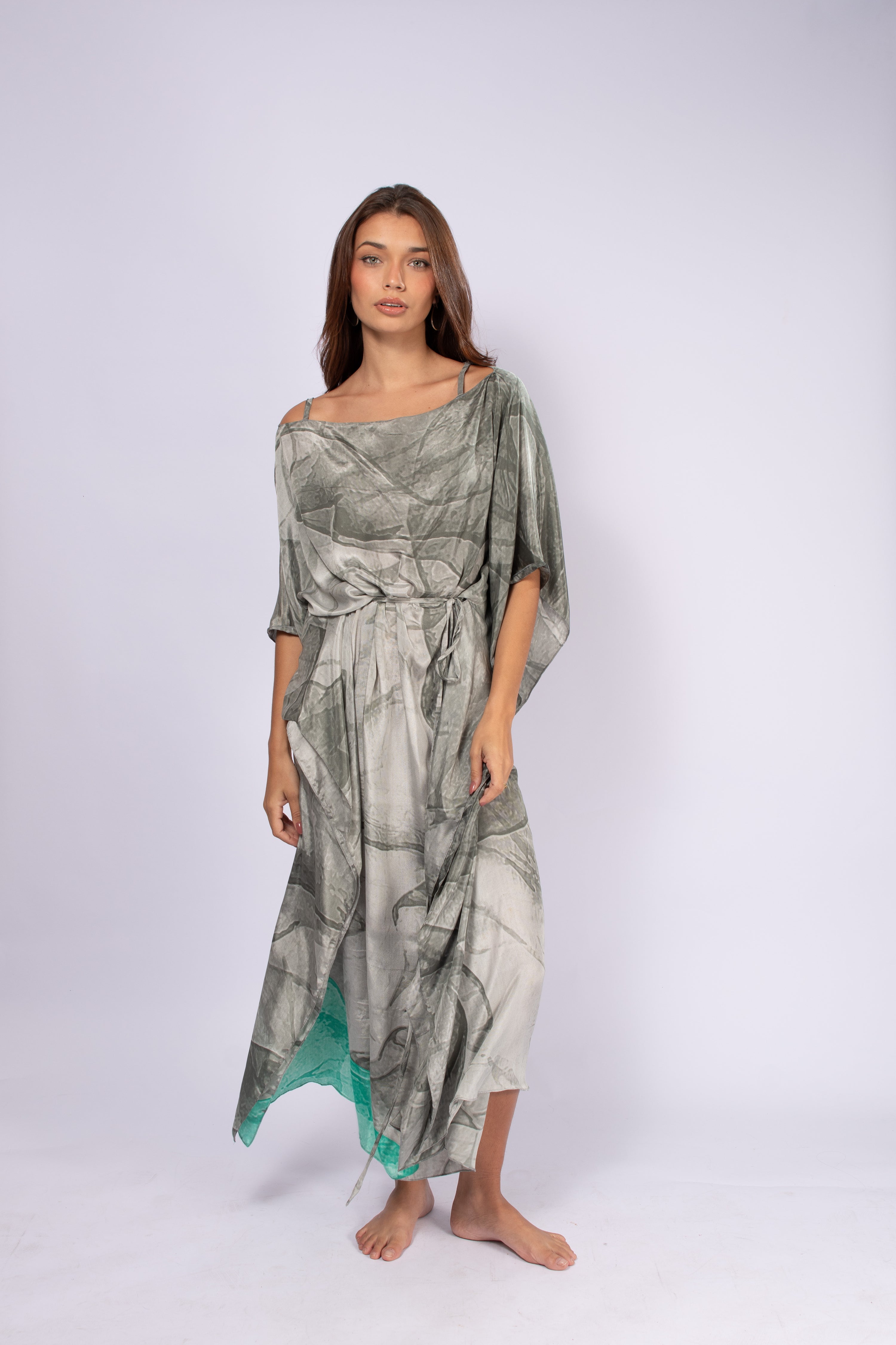 KAFTAN JAVA TONS DE CINZA E VERDE ÁGUA