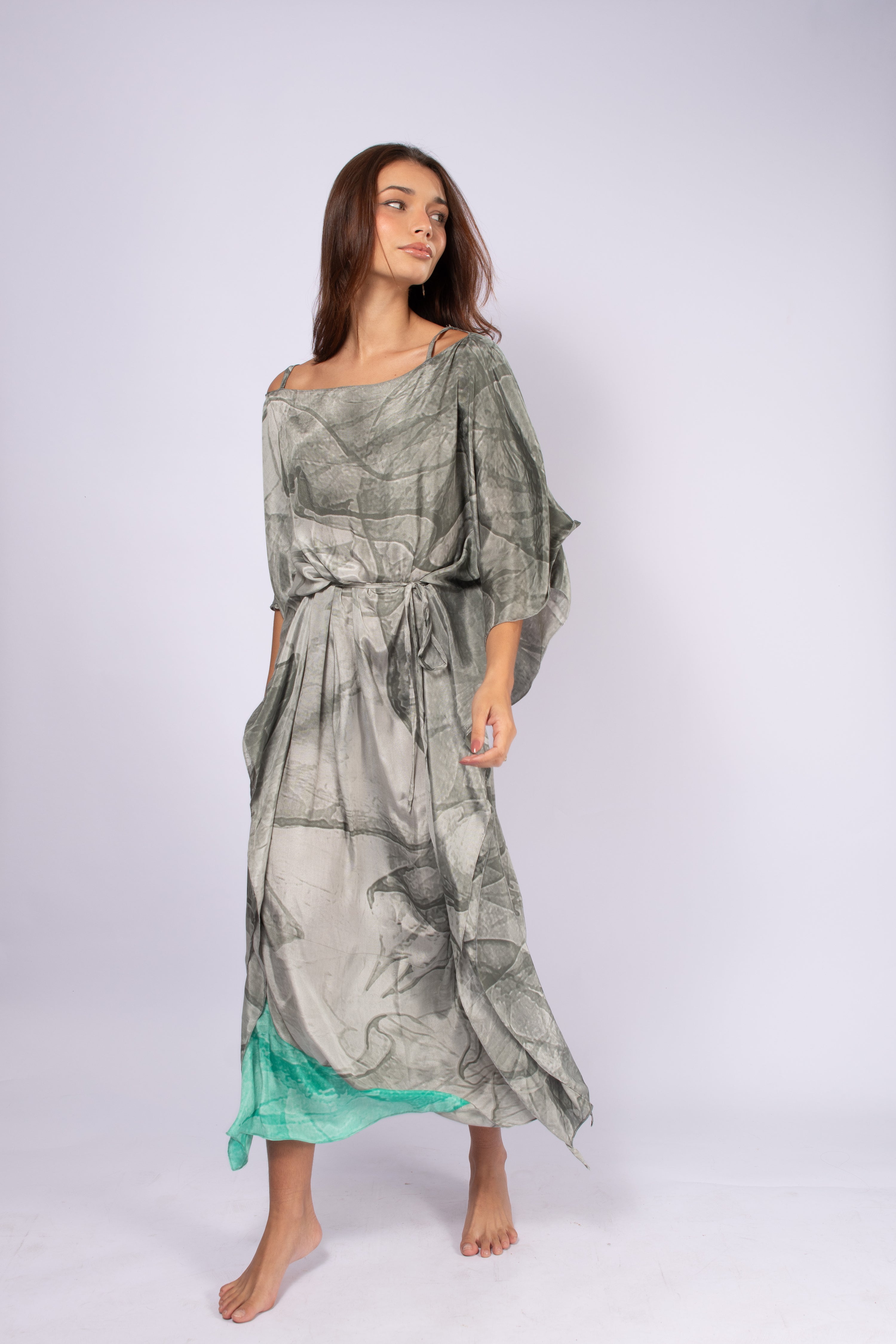 KAFTAN JAVA TONS DE CINZA E VERDE ÁGUA