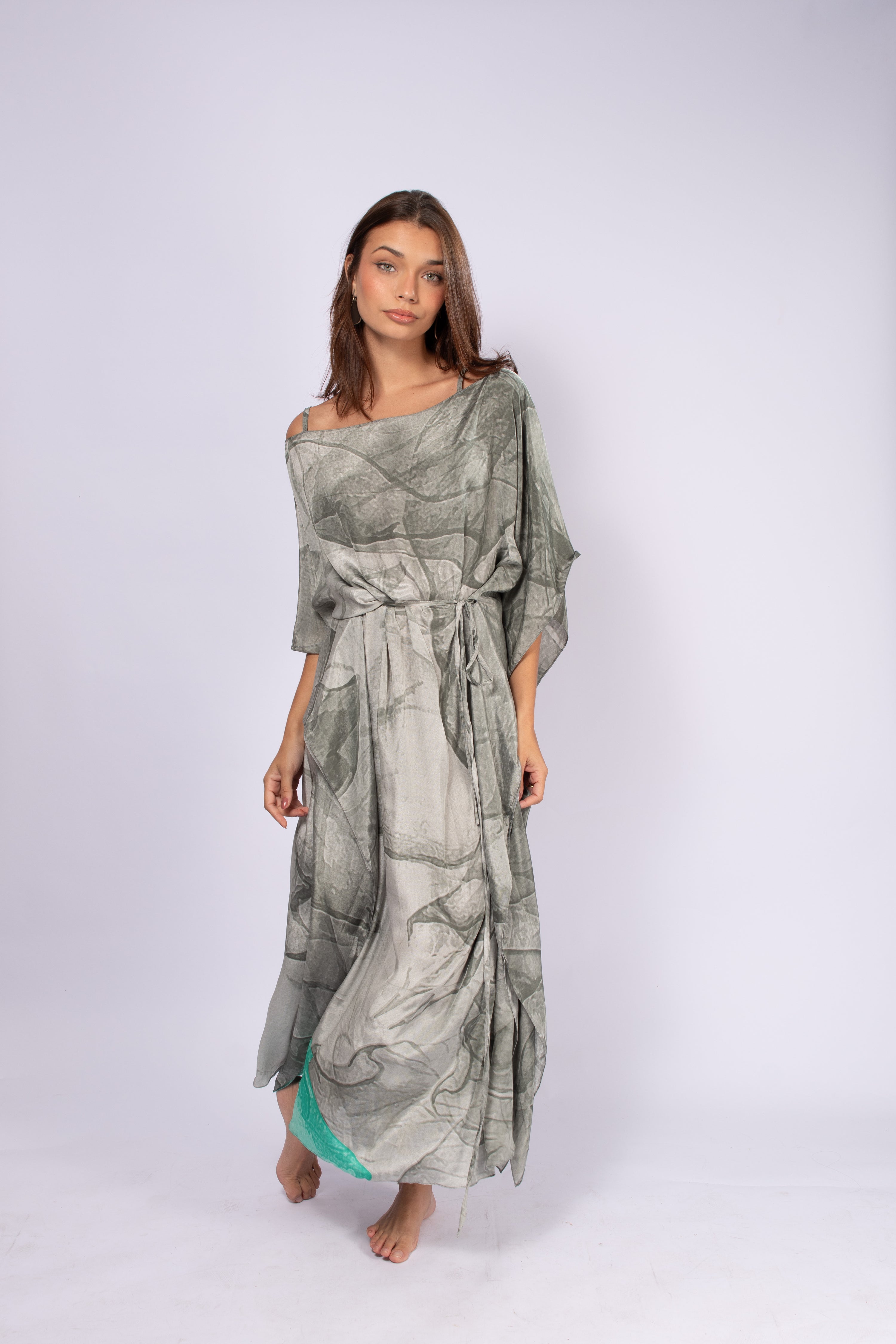 KAFTAN JAVA TONS DE CINZA E VERDE ÁGUA