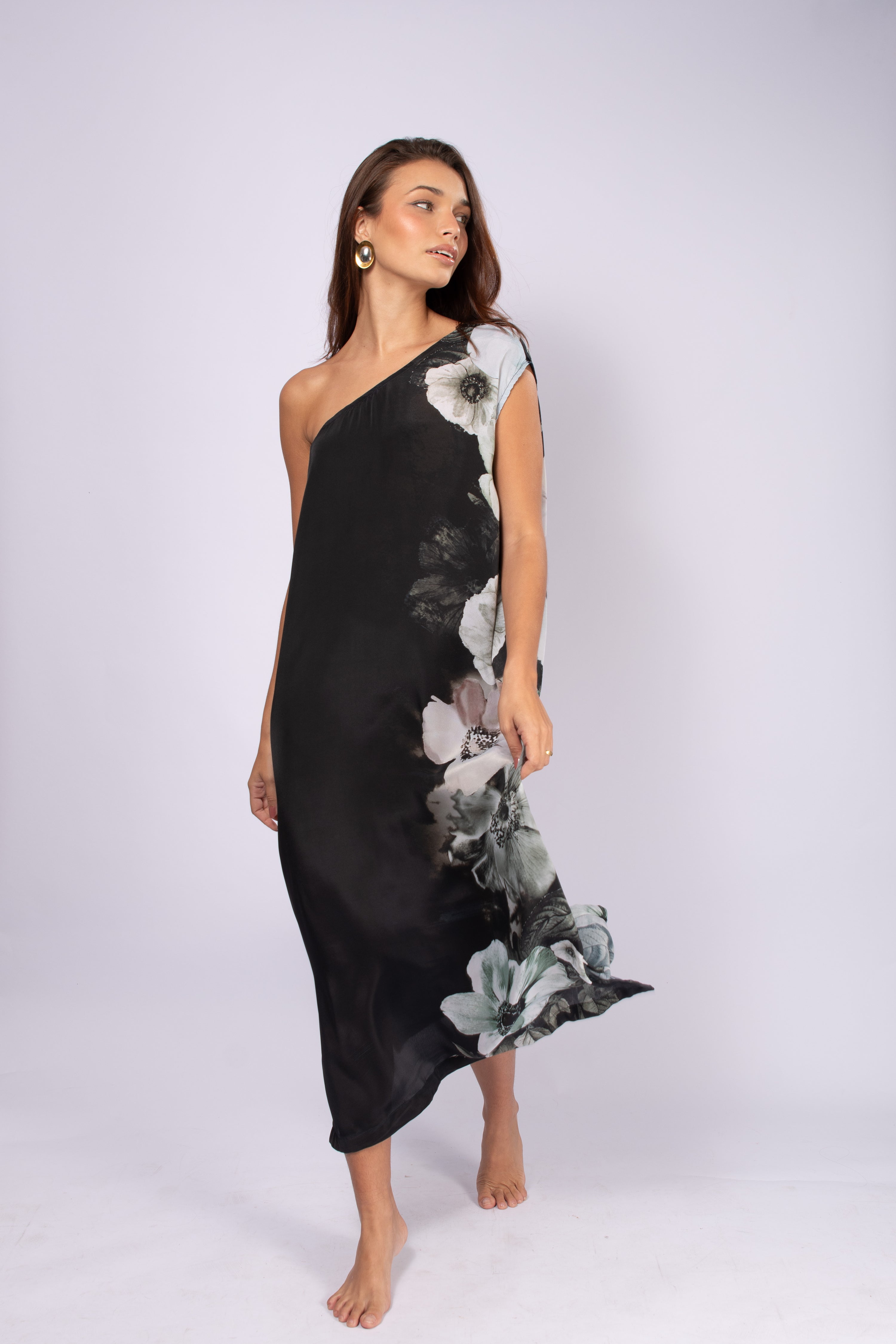 VESTIDO ATHENAS SEDA PRETO E CINZA FLORES