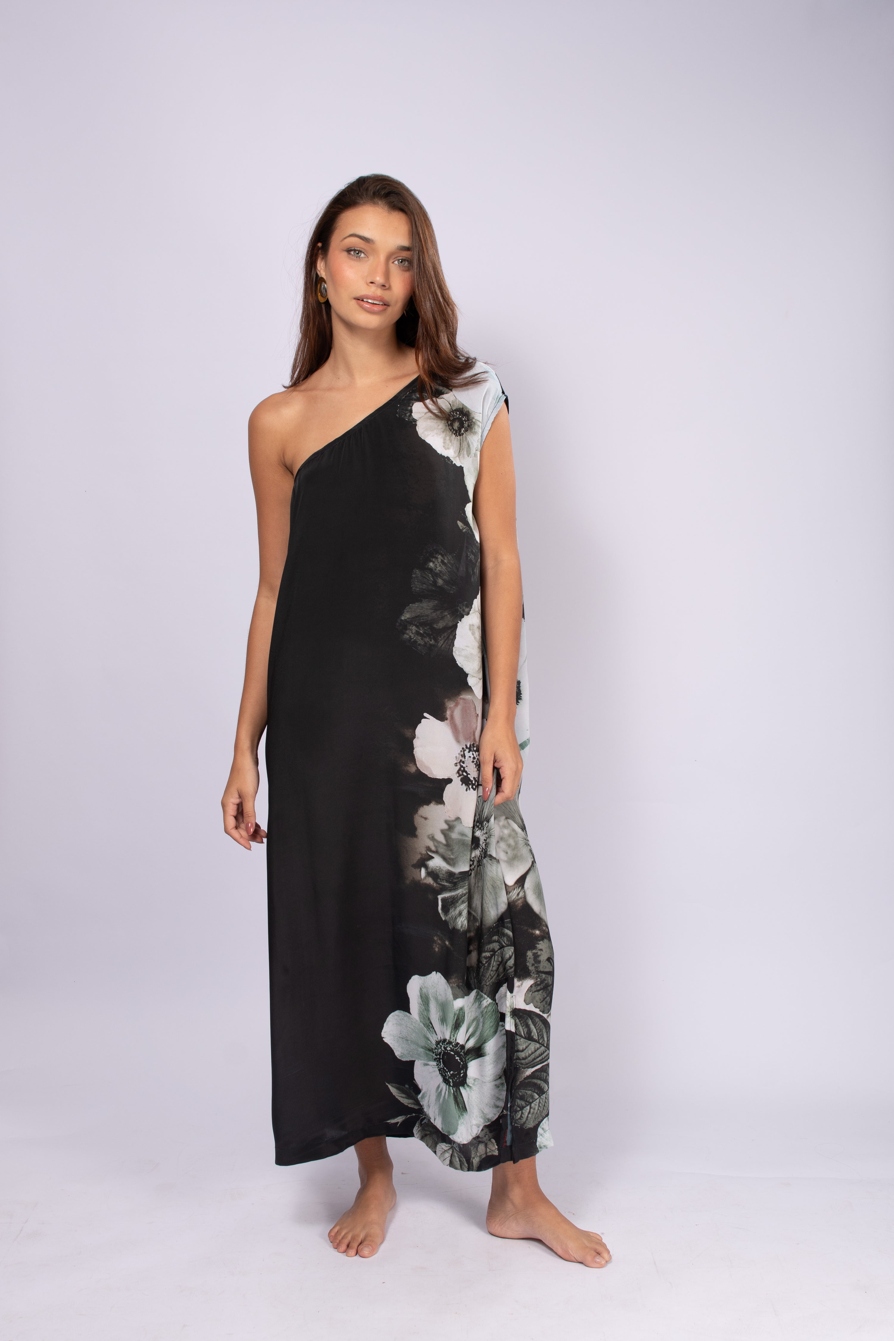 VESTIDO ATHENAS SEDA PRETO E CINZA FLORES