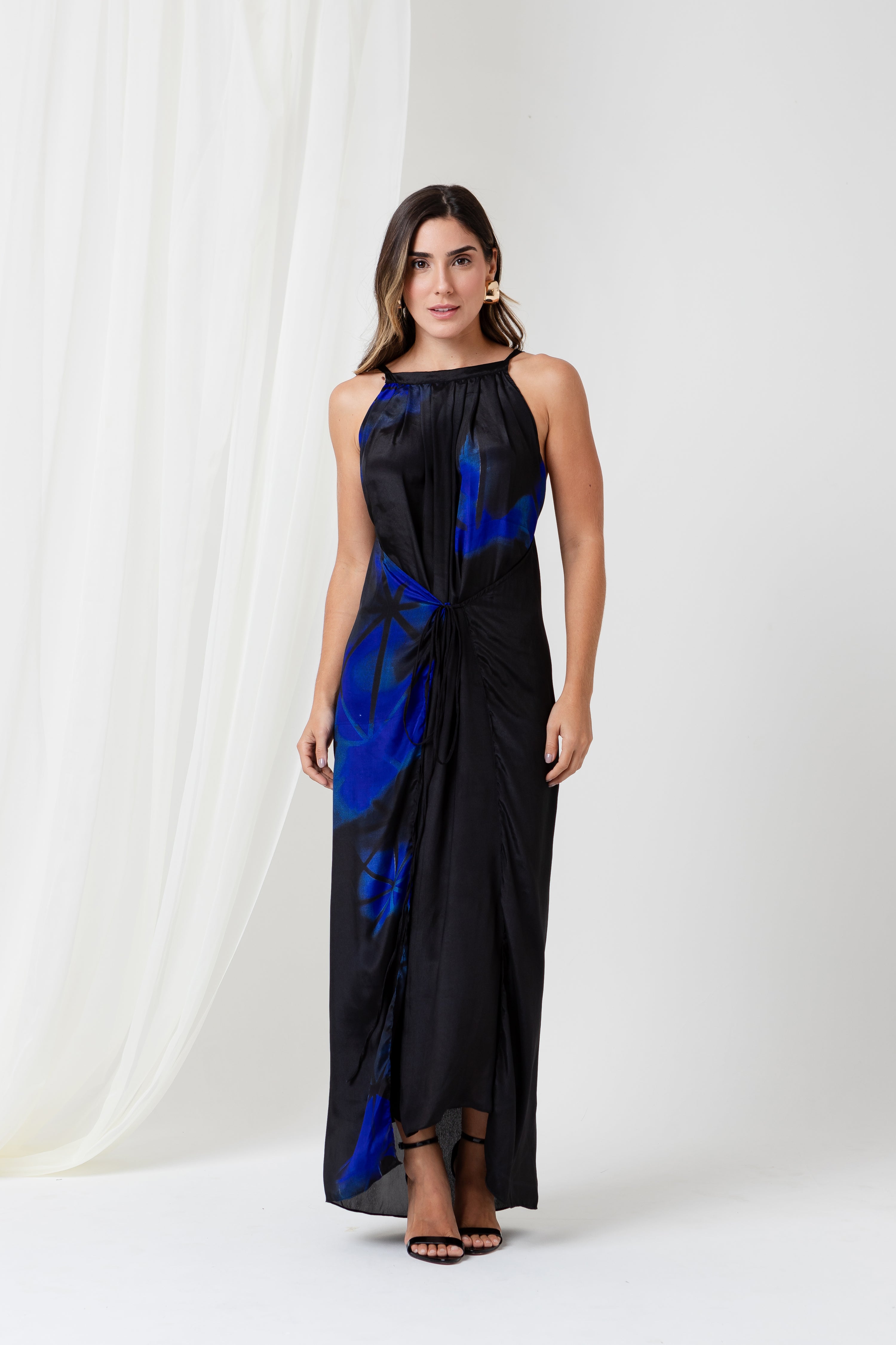 BLACK AND NAVY KAMARI SILK DRESS