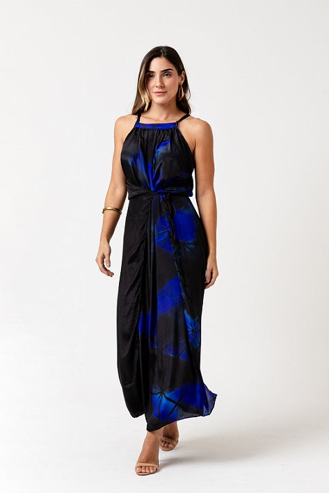 BLACK AND NAVY KAMARI SILK DRESS