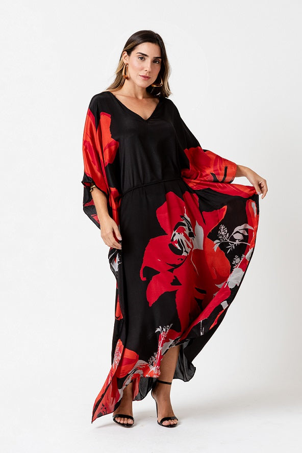 KAFTAN ÁGIOS PRETO E FLORES VERMELHAS