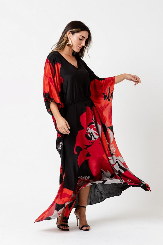 KAFTAN ÁGIOS PRETO E FLORES VERMELHAS