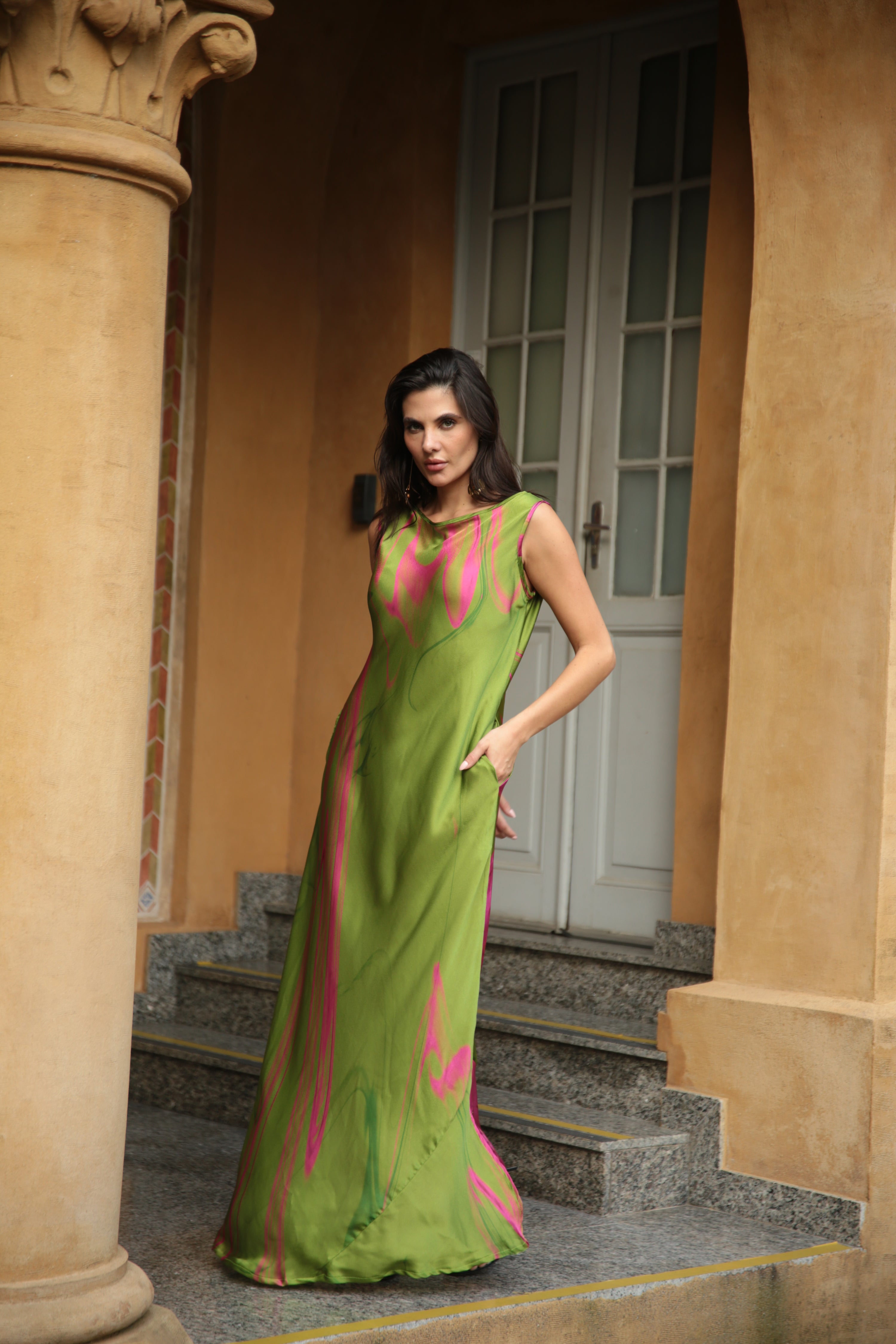 VESTIDO BARDOT SEDA VERDE E ROSA