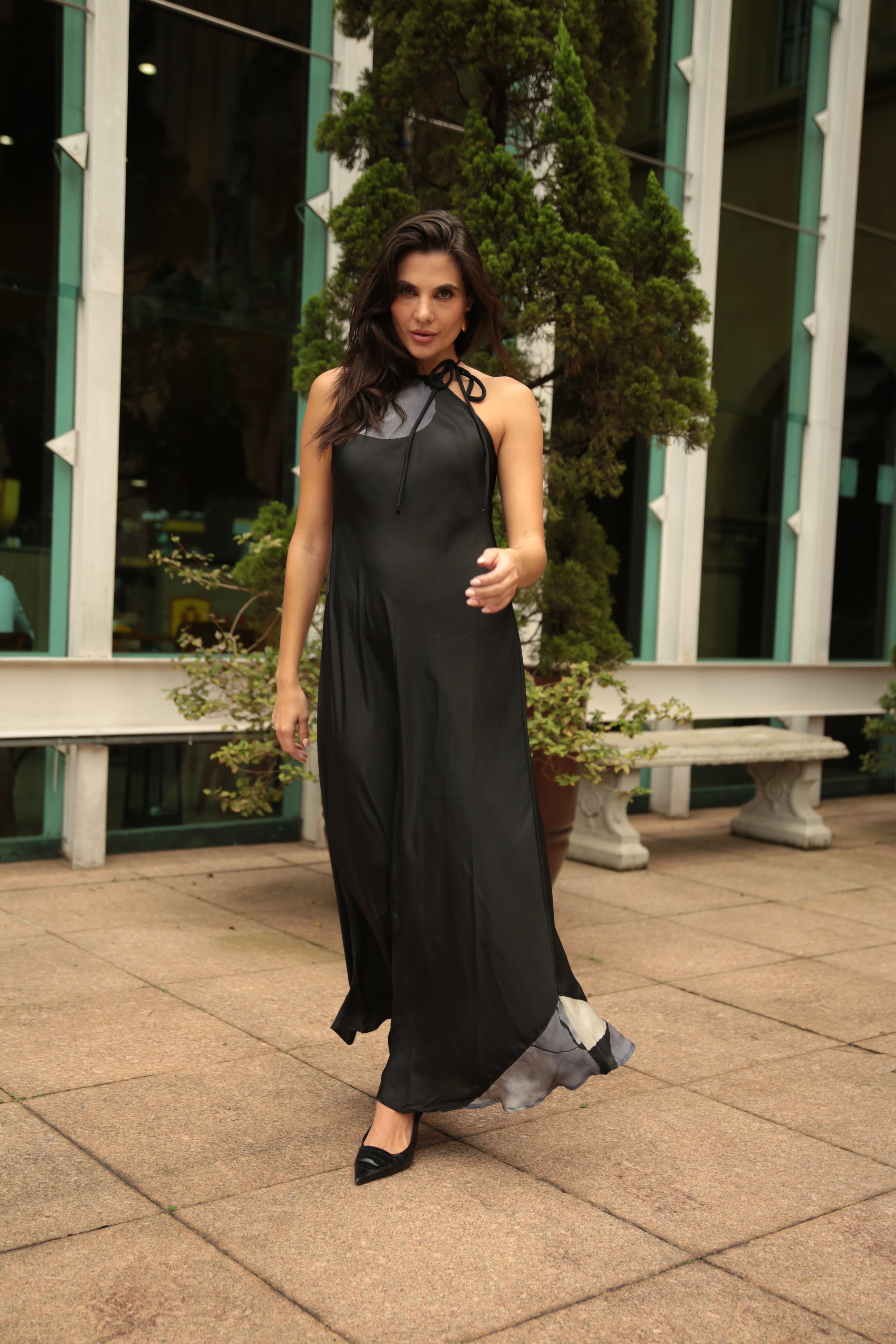 VESTIDO HERA SEDA PRETO E CINZA