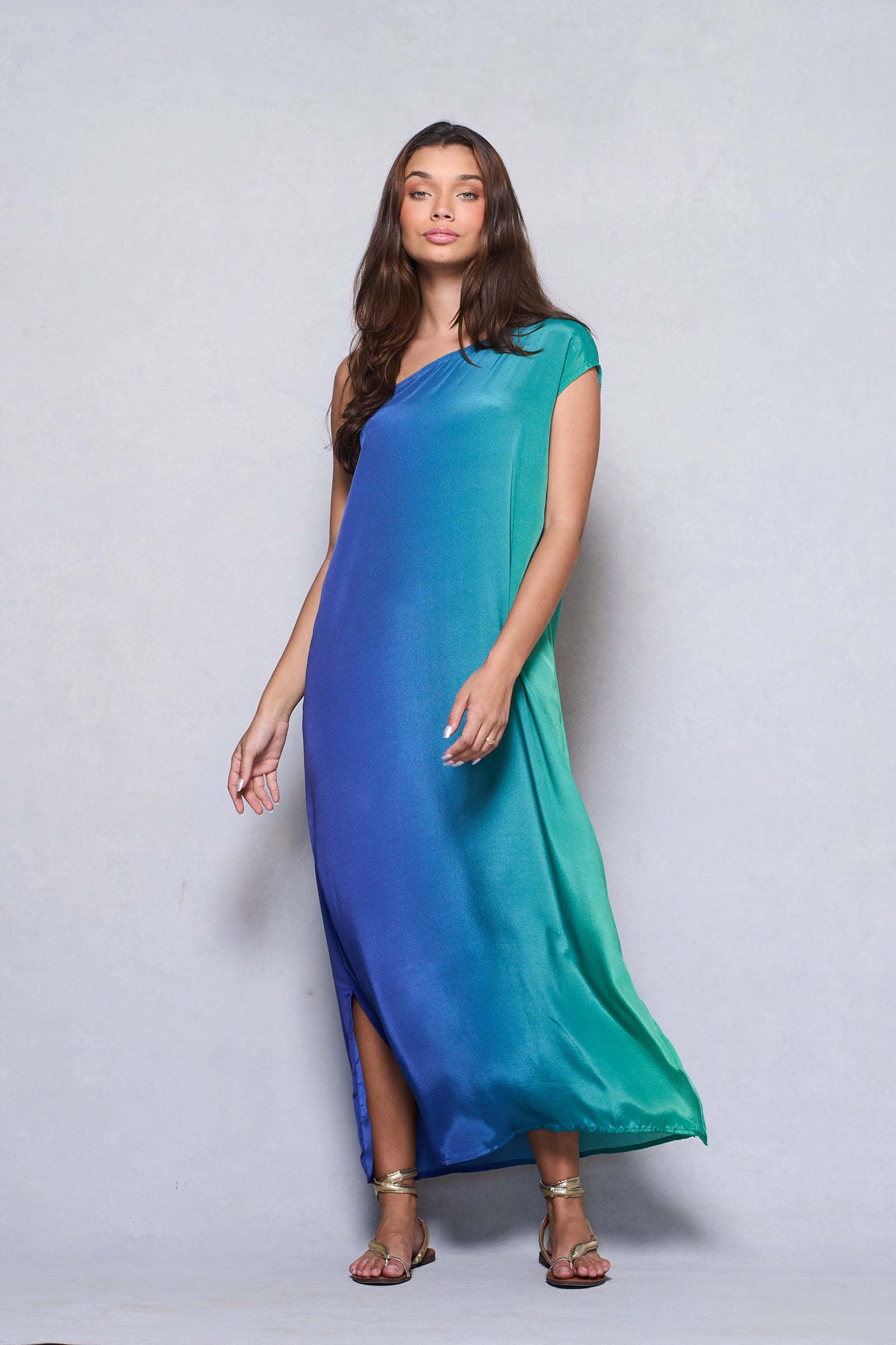 VESTIDO ATHENAS SEDA TIE DYE VERDE E AZUL