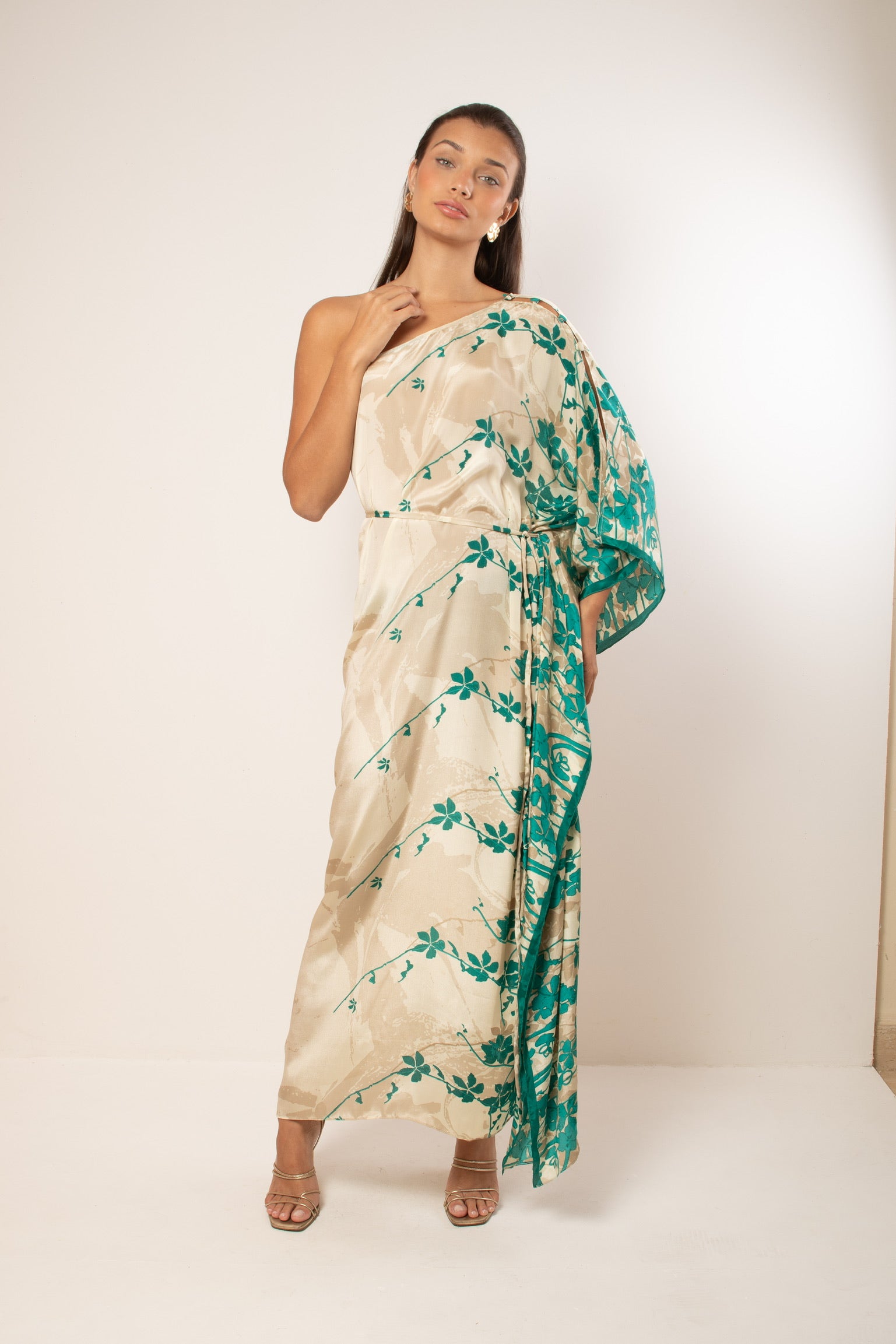 KAFTAN RHODES LONG OFF WHITE AND GREEN FLOWERS