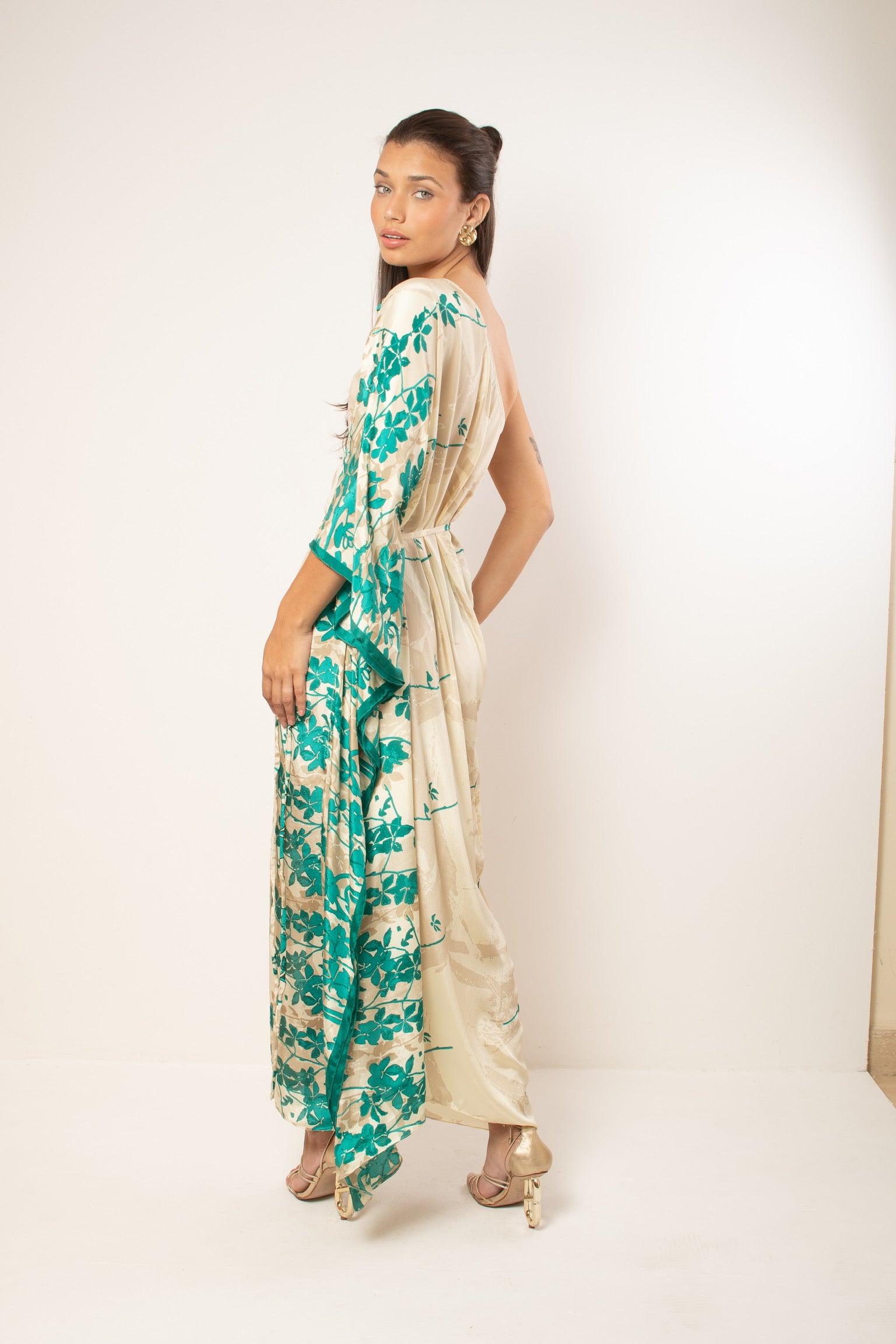 KAFTAN RHODES LONG OFF WHITE AND GREEN FLOWERS