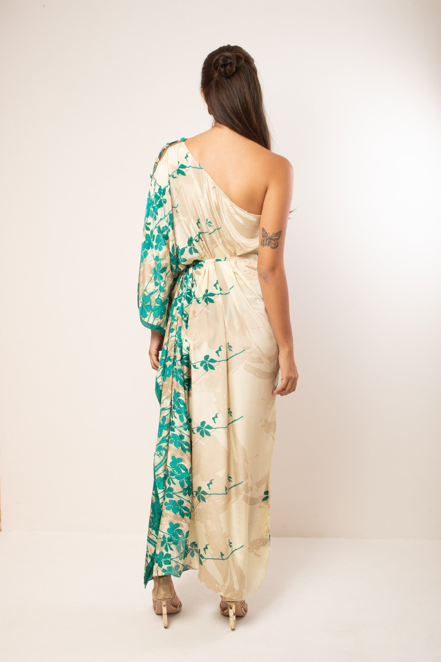 KAFTAN RHODES LONG OFF WHITE AND GREEN FLOWERS