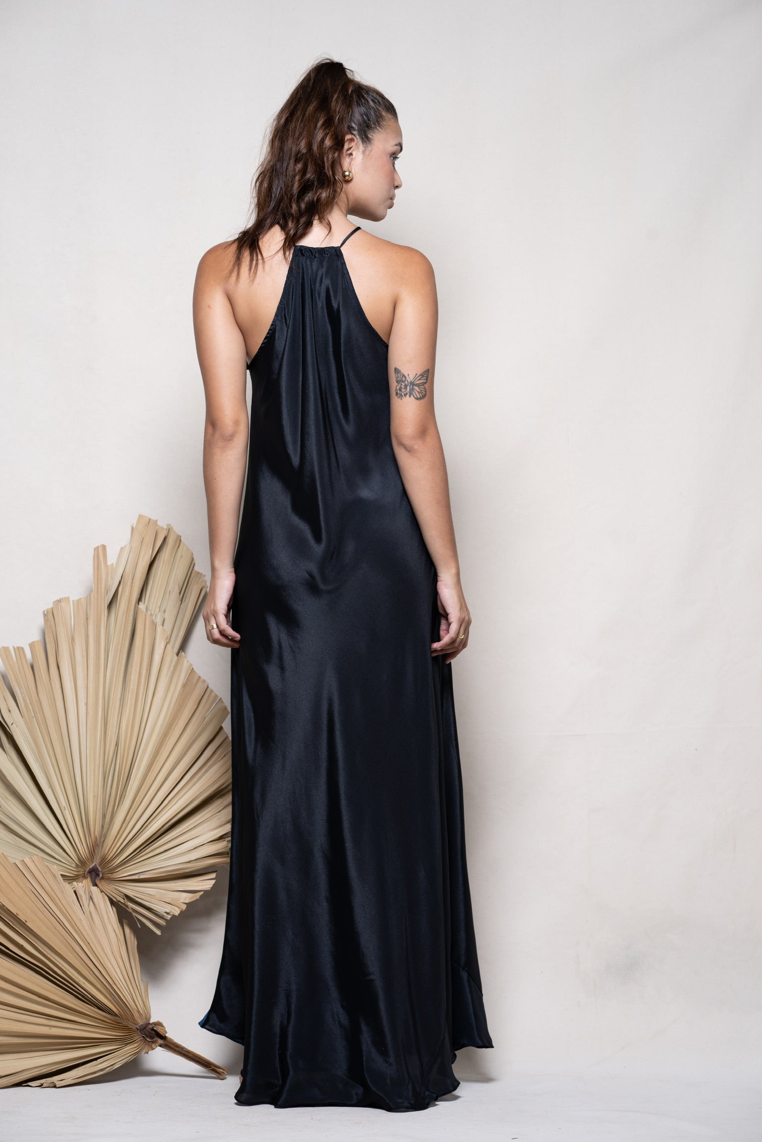 BLACK SILK IVY DRESS WITH BLUE DETAILS