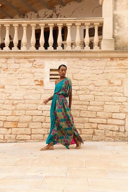 KAFTAN RHODES LONGO VERDE DOURADO E ROSA