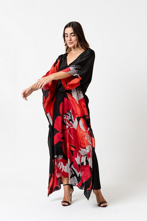 KAFTAN ÁGIOS PRETO E FLORES VERMELHAS